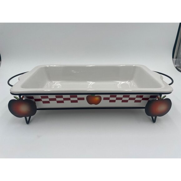 Vintage Ceramic Baking Dish With Rustic Apple Pattern & Metal Holder - Picture 1 of 5